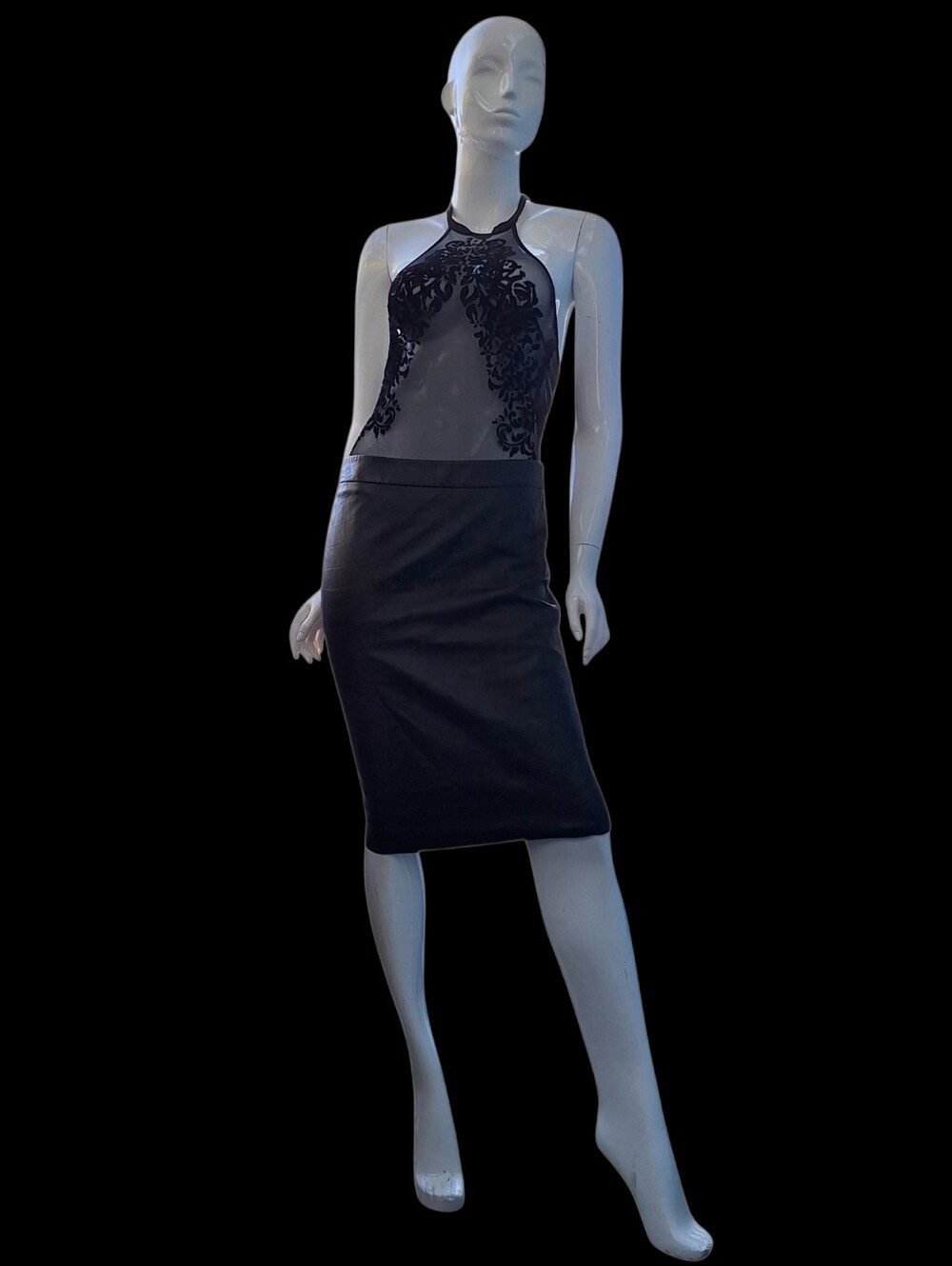 Vintage/Y2-K Max Mara Slam Croc-Embossed Leather/Wool Mixed-Media Pencil Skirt 6